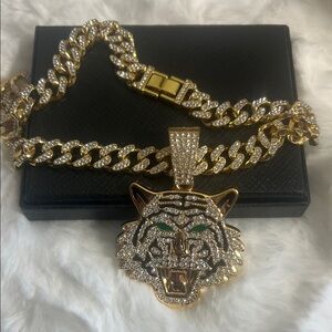 Gold Toned Tiger Pendant Cuban Chain Necklace with Green Eyes